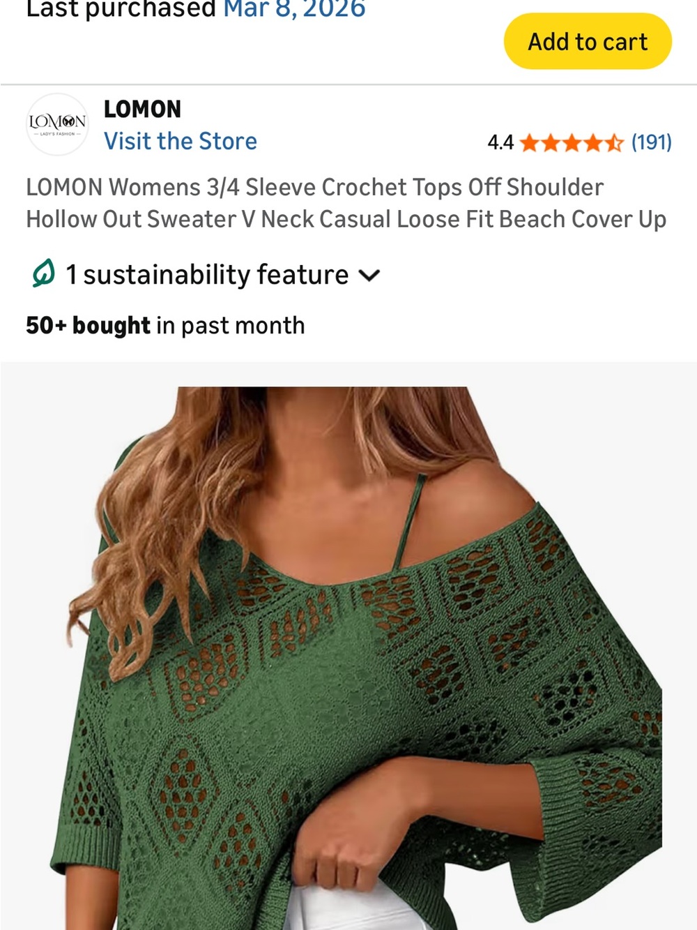 LOMON Women’s Off-the-Shoulder 3/4 Sleeve Crochet Sweater - Green